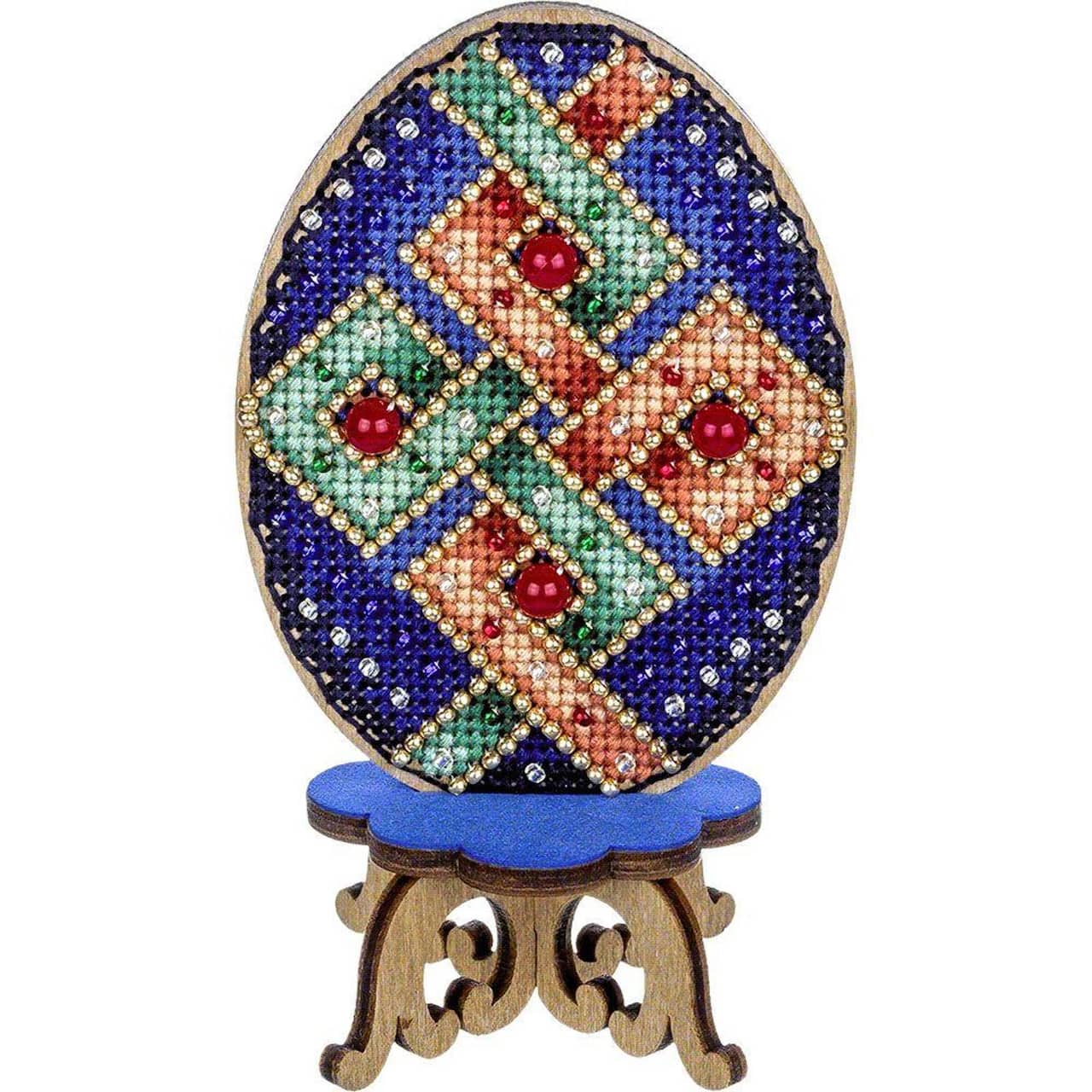 Wonderland Crafts Blue Plaid Easter Egg Cross Stitch on Wood Kit